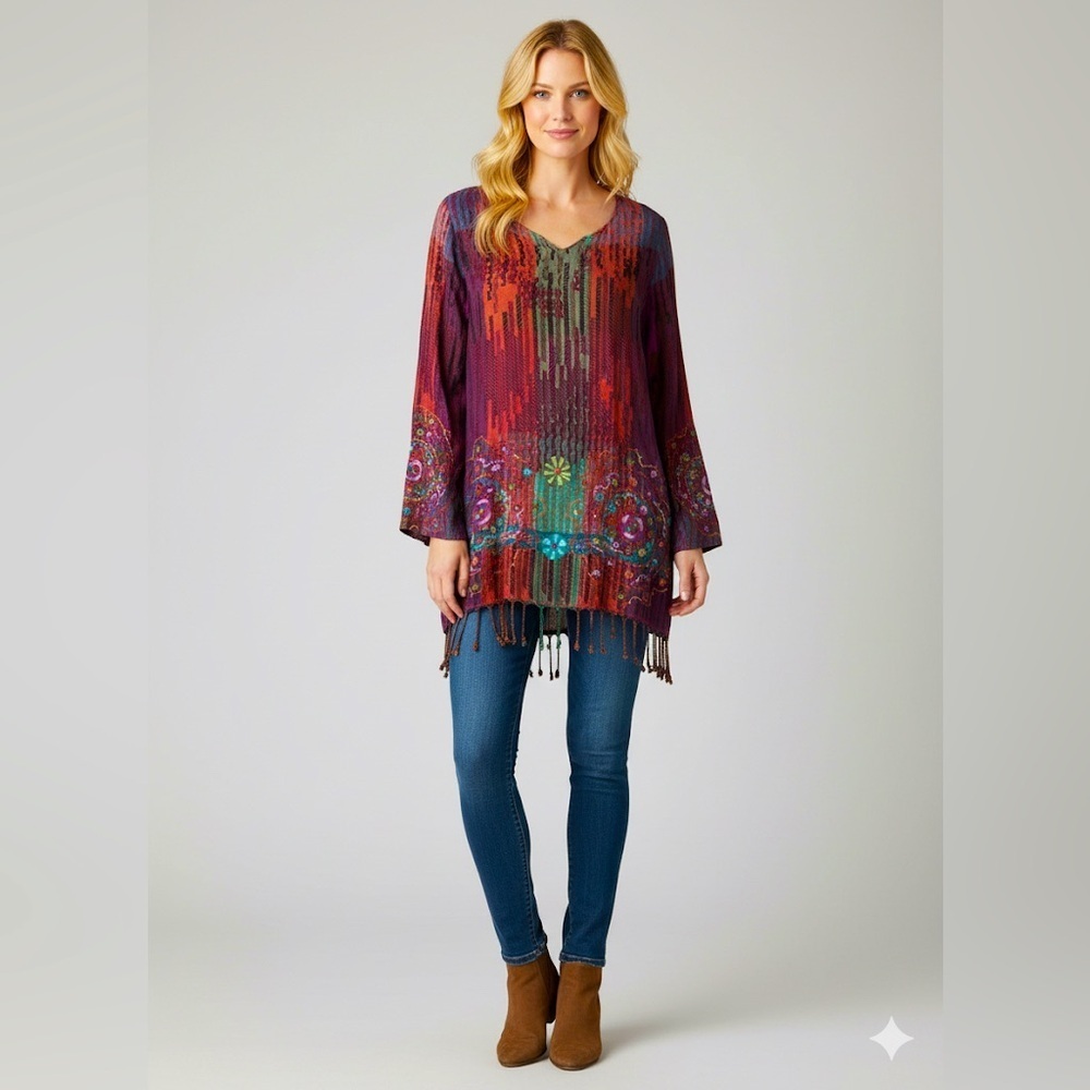 Soft Surroundings Floral Embroidered Tapestry Fringed Tunic Top L XL